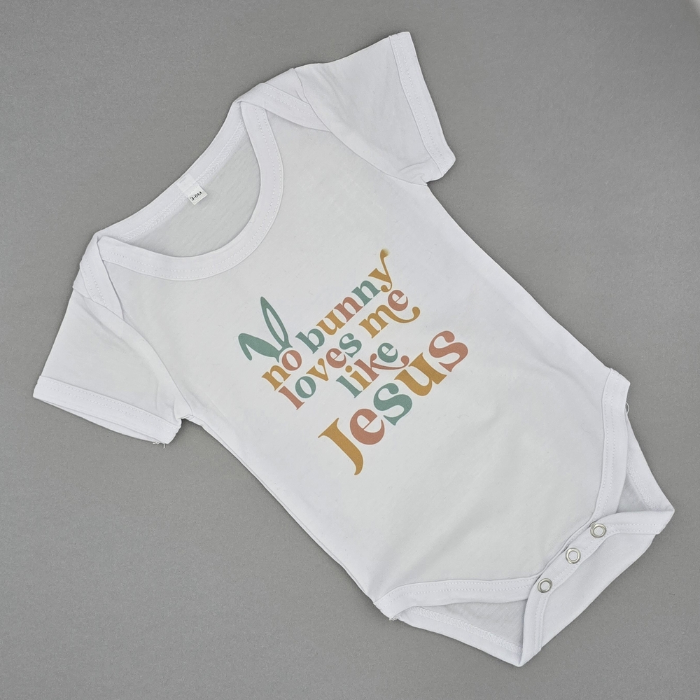 White Baby Onesie - No Bunny Loves Me Like Jesus - 3-6 Months